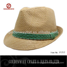 2015 fashion straw fedora hat with green ribbon